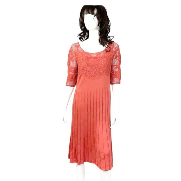 NEW Peruvian Connection Rust Orange 100% Pima Cotton Crochet Knit Midi Dress L - Picture 1 of 9